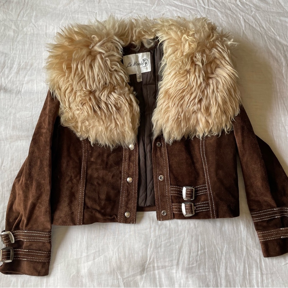 Brown Suede Bomber Jacket with Faux Fur Collar